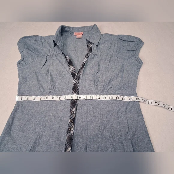 Vintage Chambray Shescool Mini Shirt Dress with Contrast Plaid Trim - Blue - Picture 2 of 6